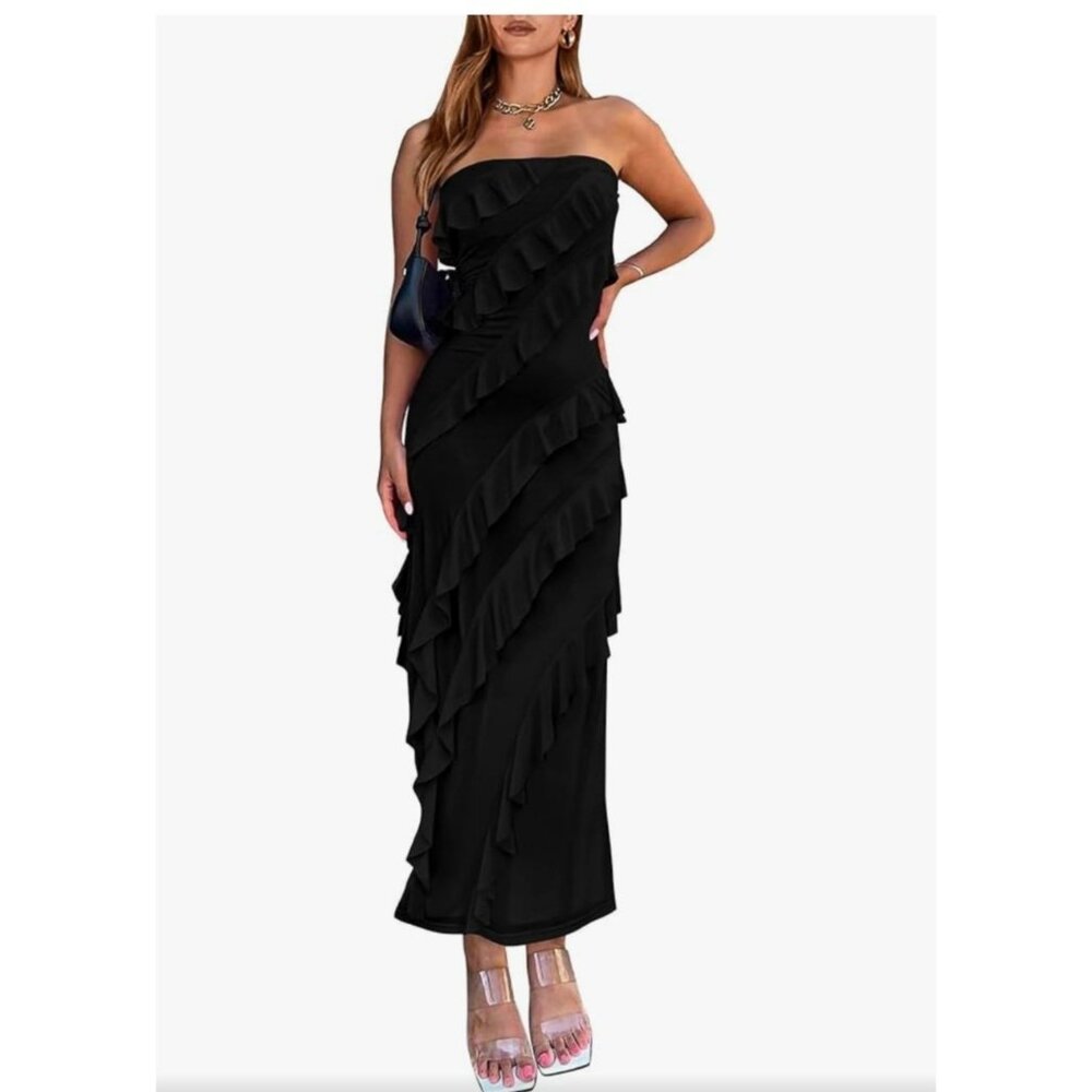 Fashion Womens Elegant Black Ruffled Strapless Maxi Dress Size Large Party